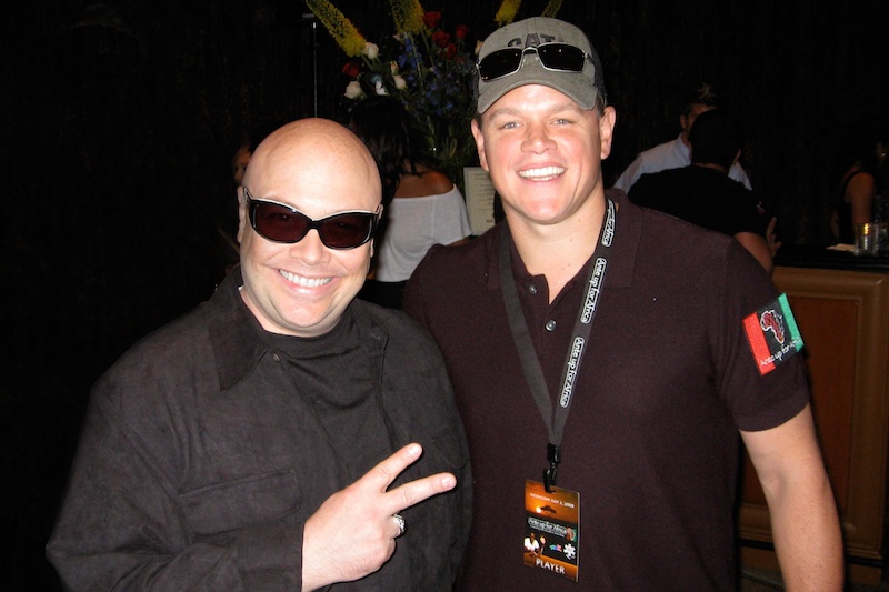 Bryant and Matt Damon chatting in the VIP Lounge. Matt and I were discussing the Treaty and he signed onto our project at this meeting.